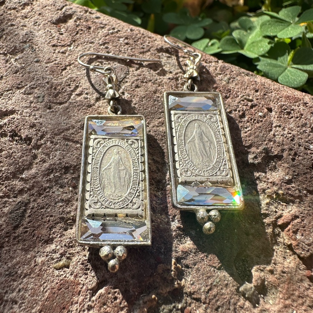 VSA Silver Plated Virgin Mary Clear Swarovski Diamond Hook Earrings